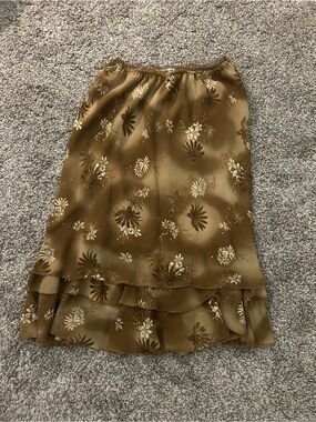Brown Floral Ruffle Midi Skirt